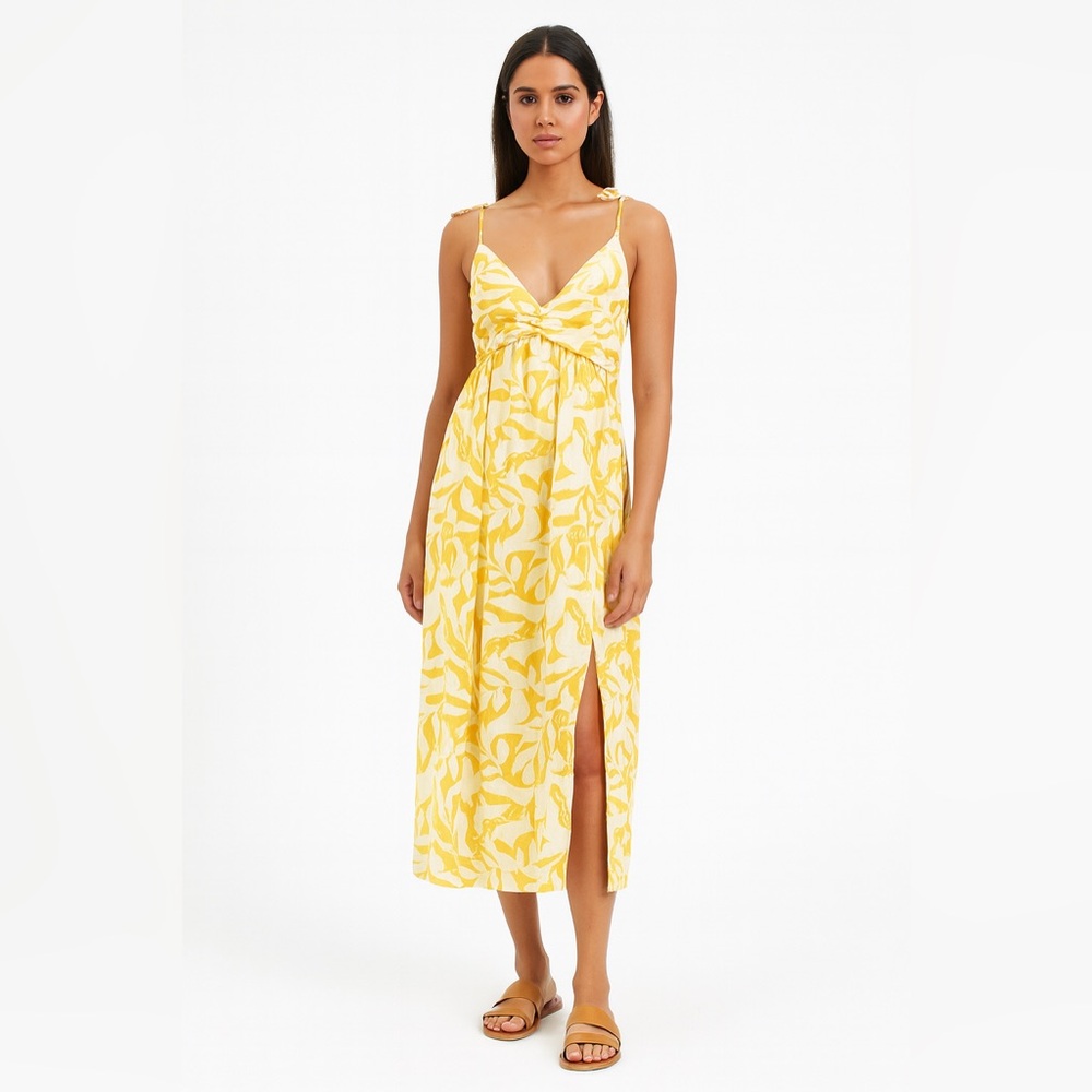 GAP Womenโs Classic Yellow Empire waist Floral Printed Midi Dress Size Large NWT